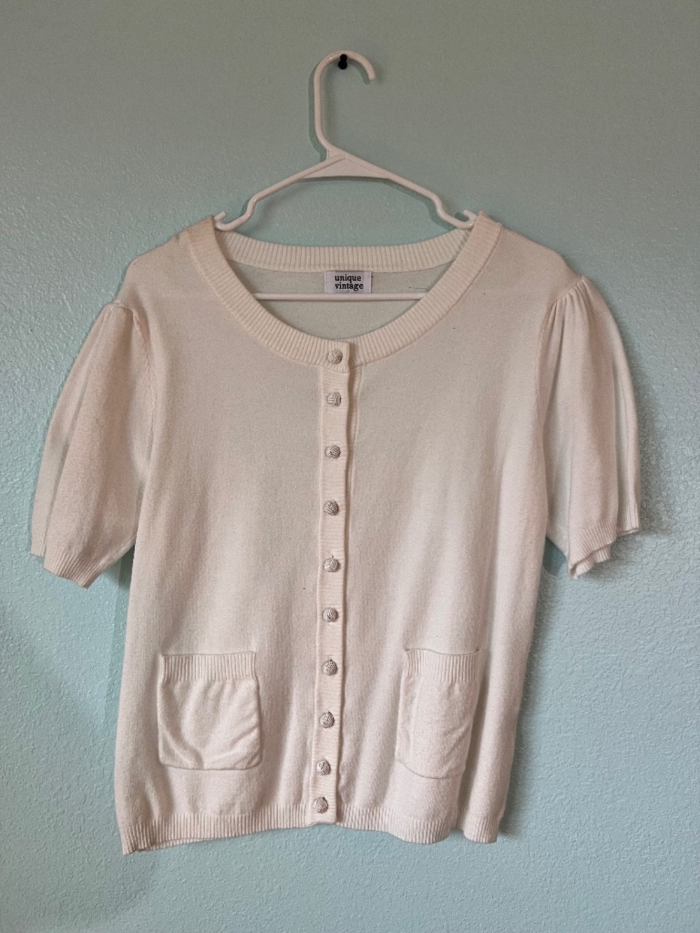 Short-sleeve white cardigan sweater